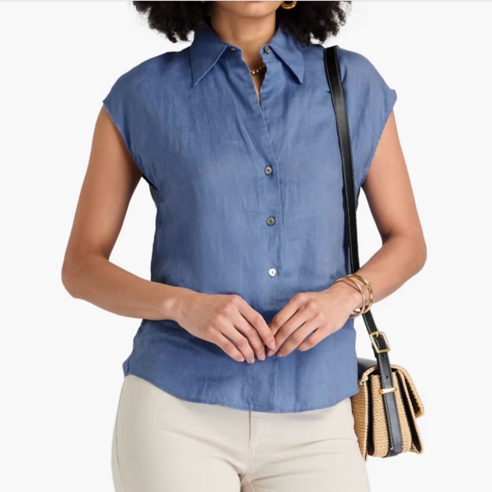 Vince Linen Cap Sleeve Button Front Blouse in Azure Gem Size XS